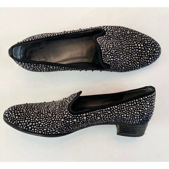 Stuart Weitzman Sz 6 M 6M Black Silver Studded Spiked Smoking Loafers Shoes - Picture 11 of 16